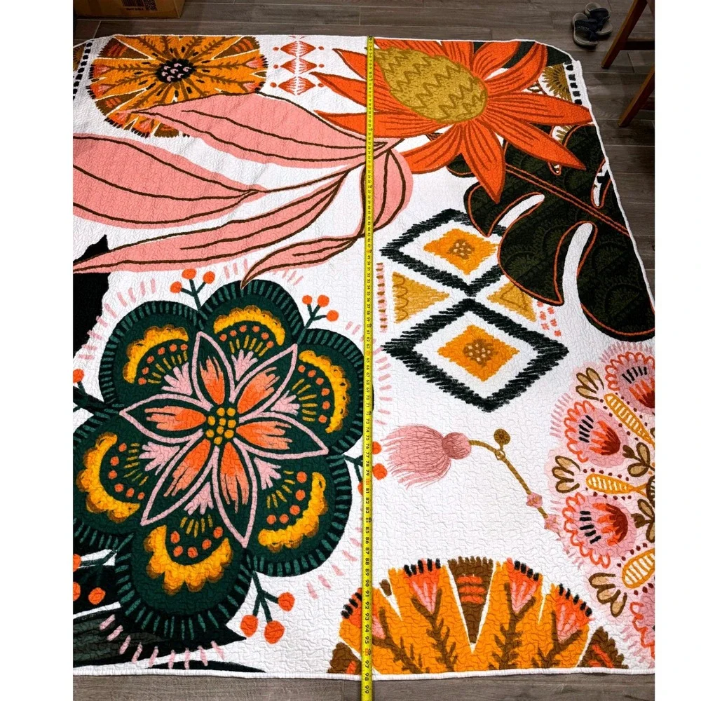 Home & Style Quilted Bedspread King White Floral Tropical Boho MCM Retro Chic